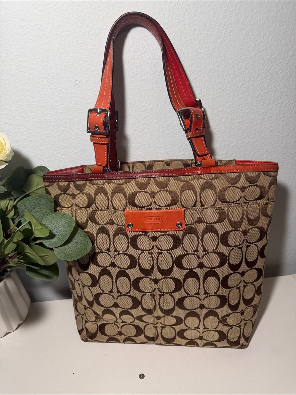 Coach Brown Signature Canvas Tote with Orange Trim